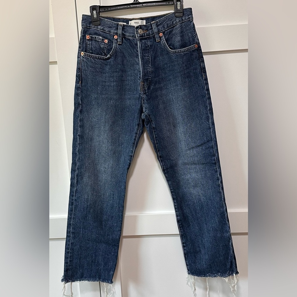 Mango Havana Straight Leg Jeans Womens Size 4 Raw Hem Cropped Medium Wash Denim